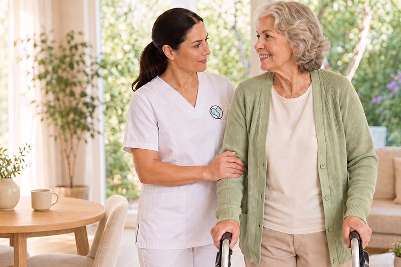 Nurse care from Familiar Surroundings Home Care as a nurse assists a senior walking safely at home