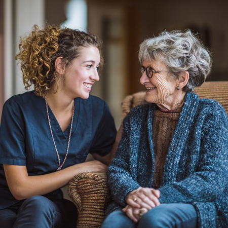 Caregiver sitting with an elderly woman, sharing conversation and warmth through home care Santa Cruz, CA