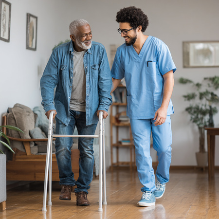 Caregiver walking beside an elderly woman in a hallway, showing compassionate home care Santa Cruz, CA support