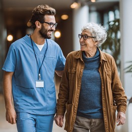 Male caregiver assisting a senior using a walker indoors, highlighting safe home care Santa Cruz, CA help