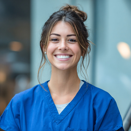 Smiling professional caregiver in scrubs representing trusted and friendly home care Santa Cruz, CA services